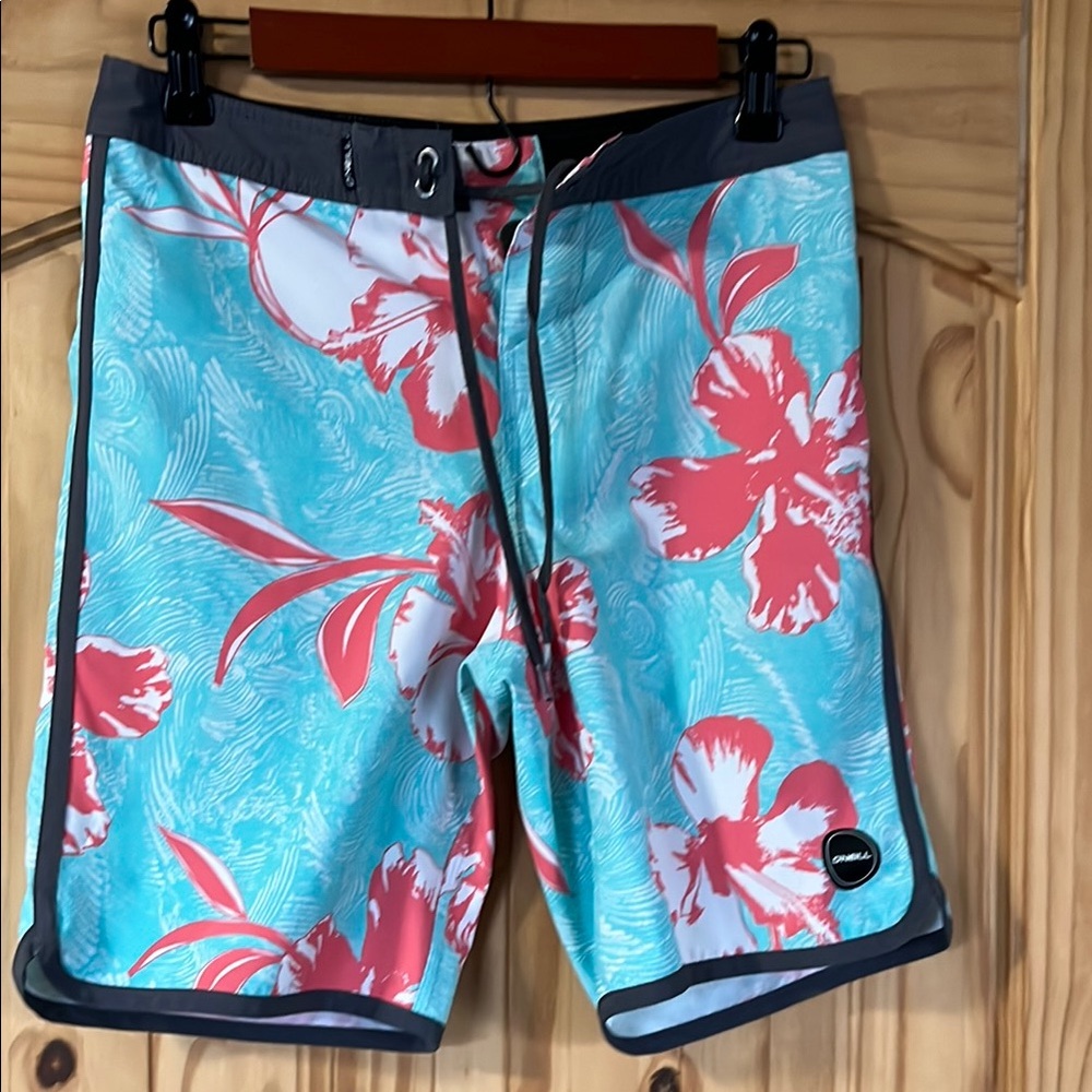 Floral Print Men's Swim Shorts - Blue and Red
